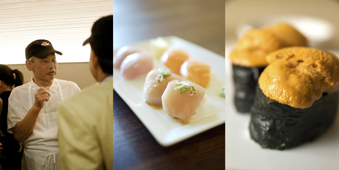 Photo composite of Chef Nozawa and his signature sushi. Photo composite of Chef Nozawa and his signature sushi.