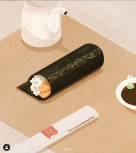 Honorable Mention image from National Handroll Day contest of chopstick wrapper, handroll, teapot, and soy sauce dish