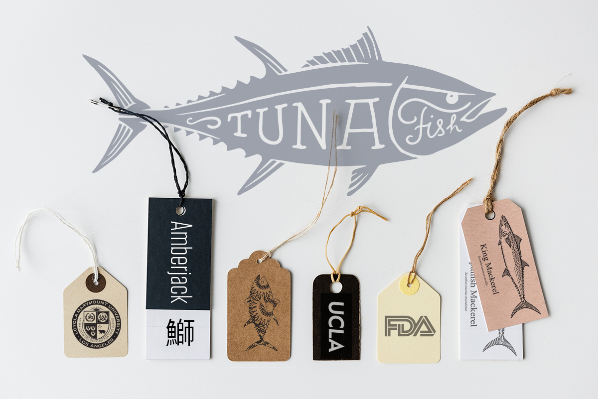 Illustration of tuna with various hangtag paper labels