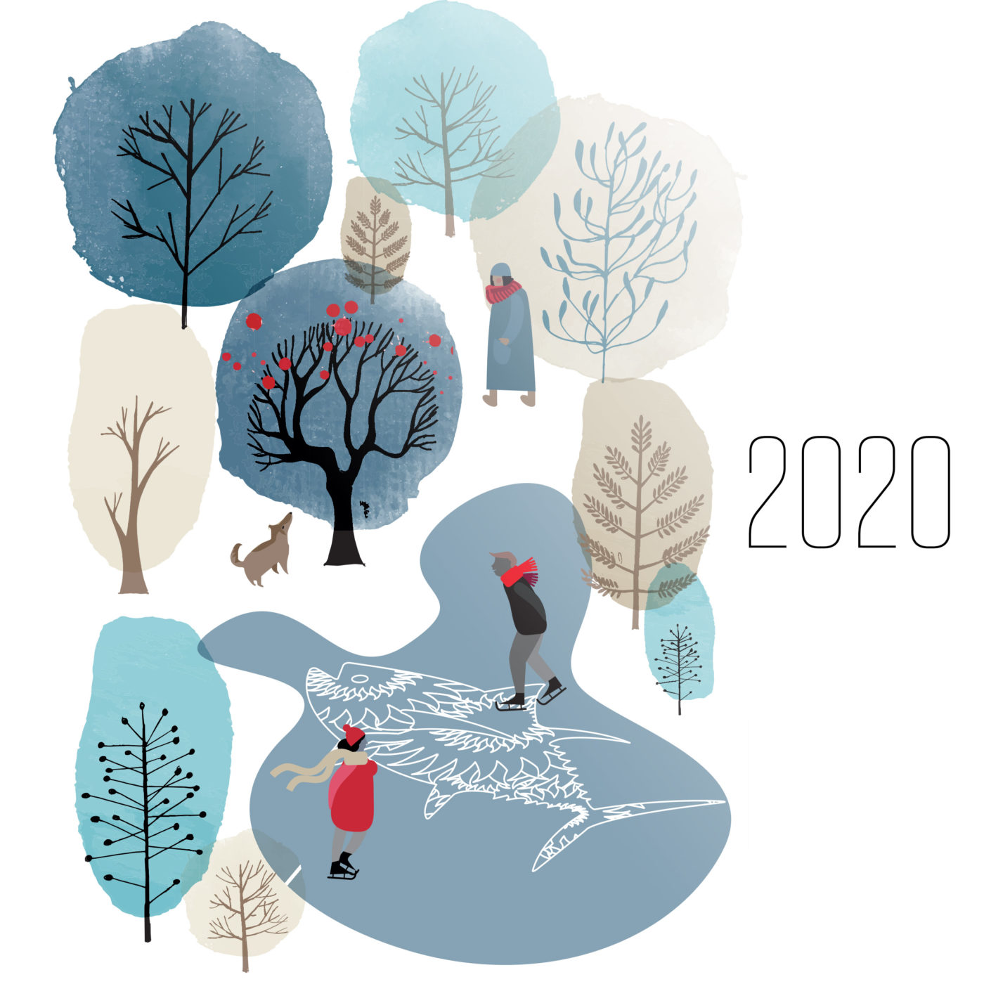 Illustration of ice skaters in a park with trees and text "2020"